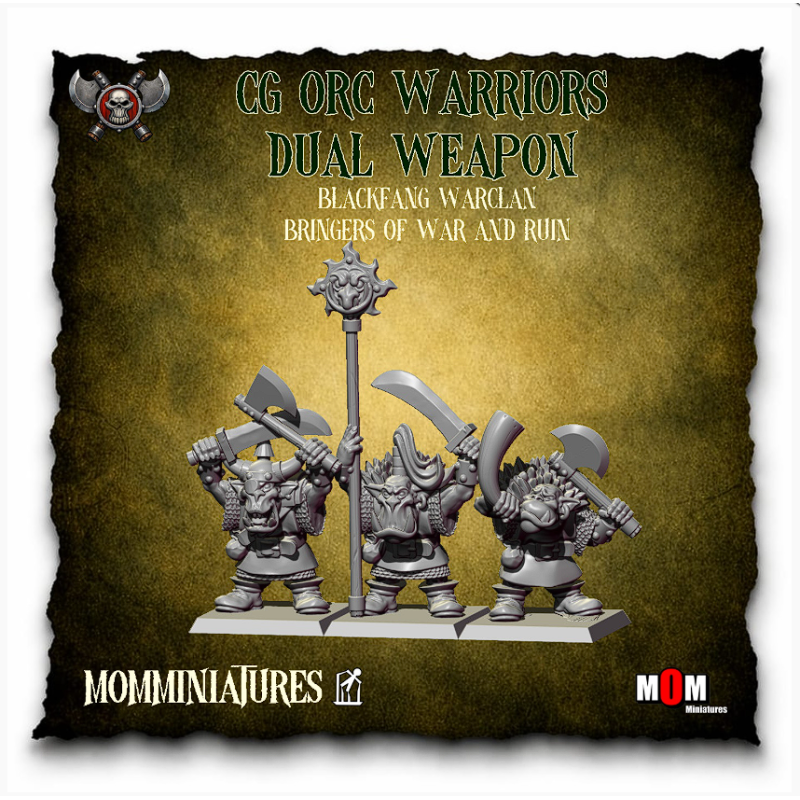 Grupo de mando de guerreros orcos con dos armas. Clan de Guerra Colmillo Negro