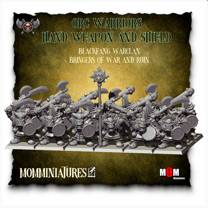 Guerreros orcos con arma de mano y escudo. Clan de Guerra Colmillo Negro