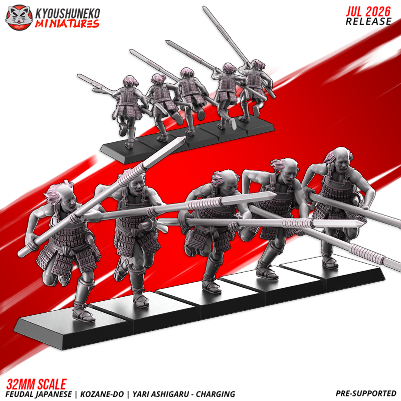 Ashigaru Kozane-dō con yari cargando. Nipón