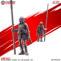 Ashigaru Kozane-dō con yari en reposo. Nipón